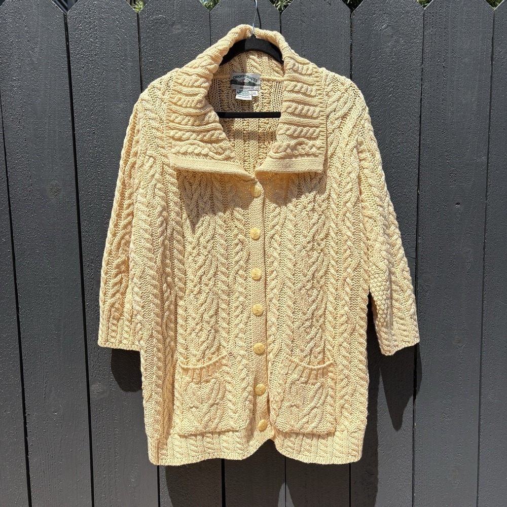 Aran Crafts Merino Wool Cardigan Sweater Womens XL Fisherman Chunky Cable Knit